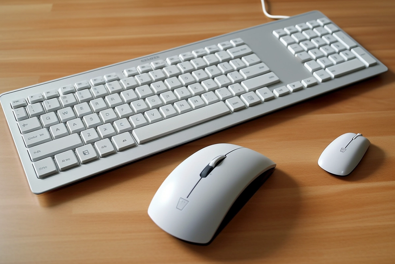 A beautiful ergonomic keyboard and mouse are kept on a table