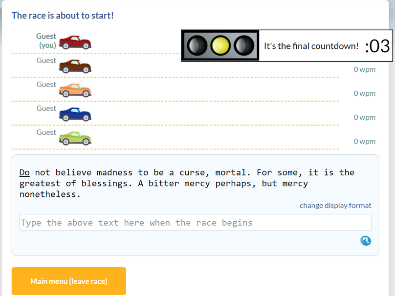 A glimpse of type racer game