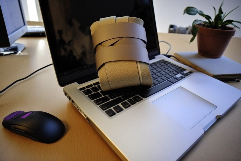 A wrist brace is kept on the laptop keyboard