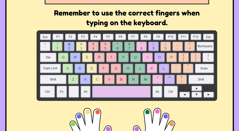 Finger nails and keys painted in the same color according to proper finger placement for typing