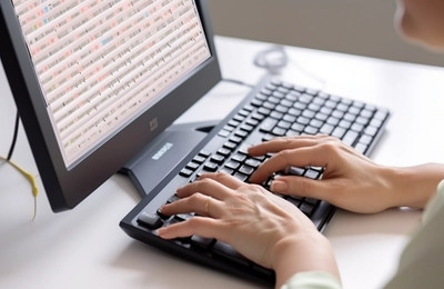 A person is touch typing on his desktop keyboard