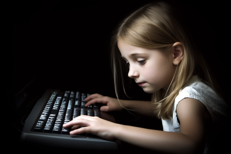 A little girl typing on a QWERTY keyboard with ergonomic environment