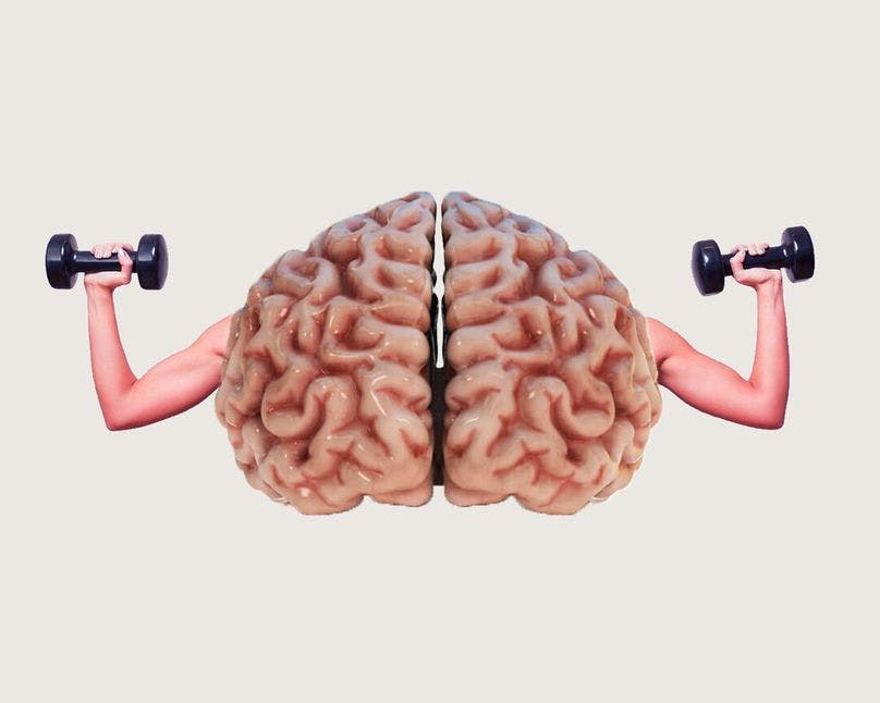 A brain with its imaginary two hands is lifting dumbbells 