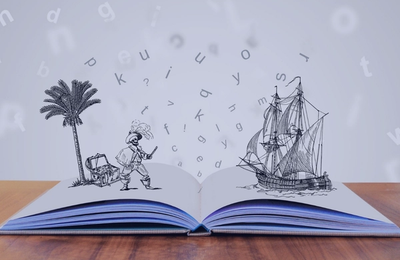 A book including an warrior and a ship picturized on it, symbolizes as story typing practice